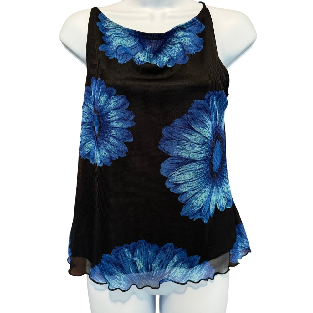 Floral Sheer Mesh Tank Top L Vintage Y2K 90s Sunflower Fairy Mall Artsy Art USA